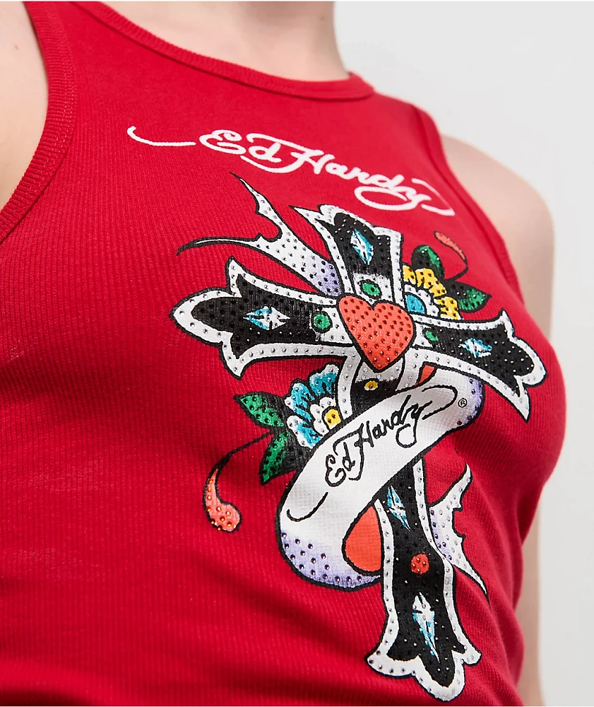 Ed Hardy Rhinestone Cross Cherry Tank Top | MainPlace Mall