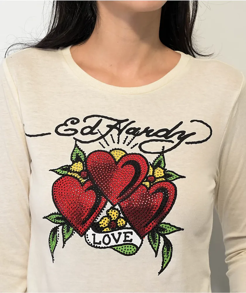 Ed Hardy Rhinestone Hearts Natural Long Sleeve Crop T-Shirt at