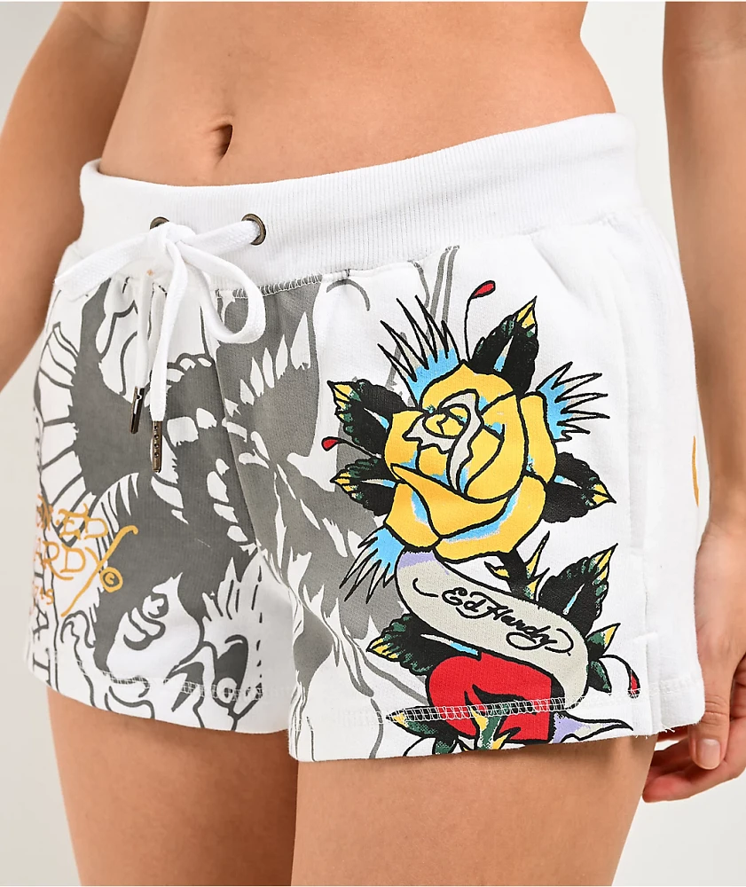 Ed Hardy Rose Heart Y2K White Sweat Shorts | MainPlace Mall