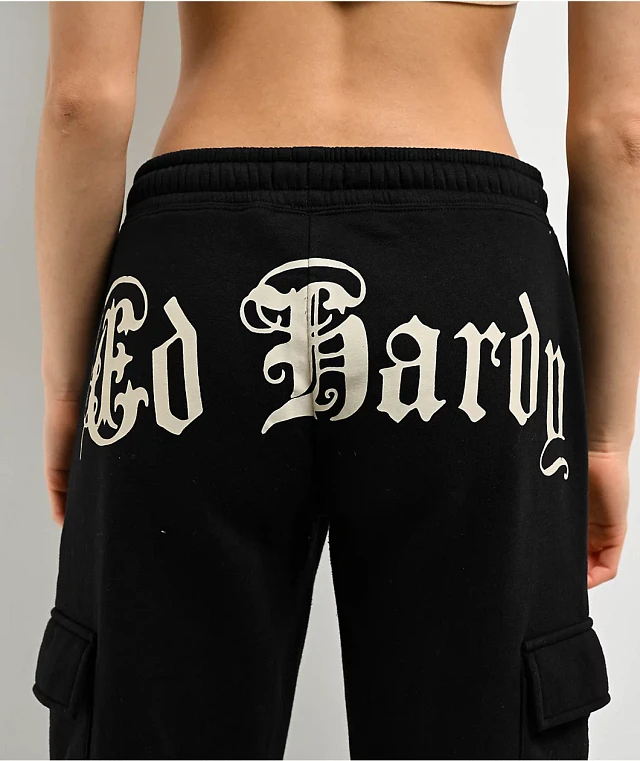 Ed Hardy Rose Skull Black Cargo Sweatpants at CoolSprings Galleria