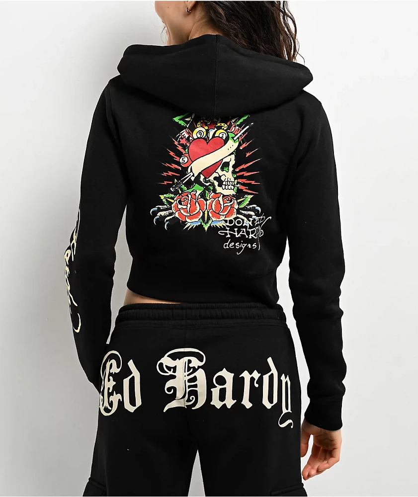 Ed Hardy Rose Skull Black Crop Zip Hoodie | Liberty Center