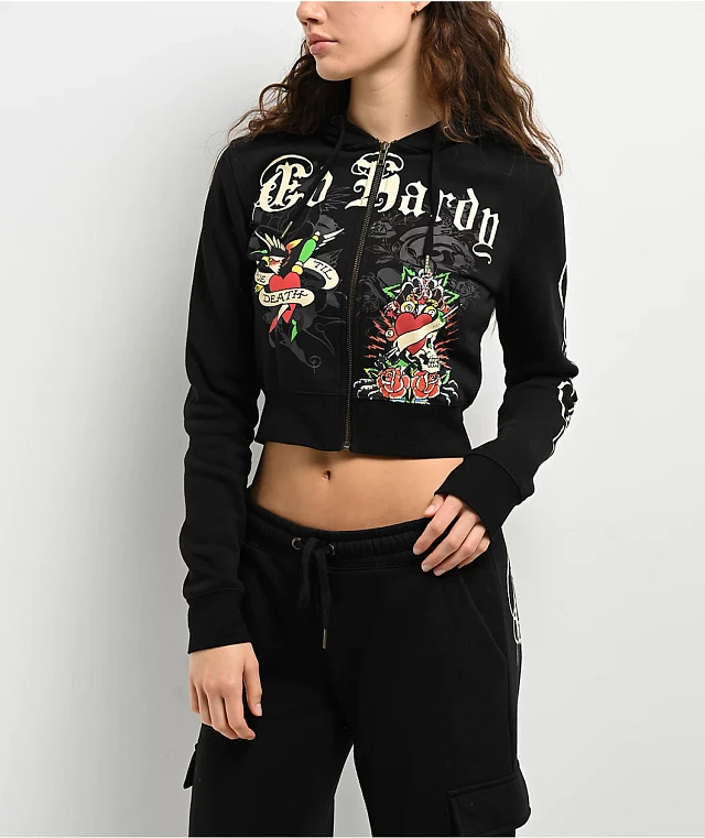 Ed Hardy Rose Skull Black Crop Zip Hoodie | Arden Fair