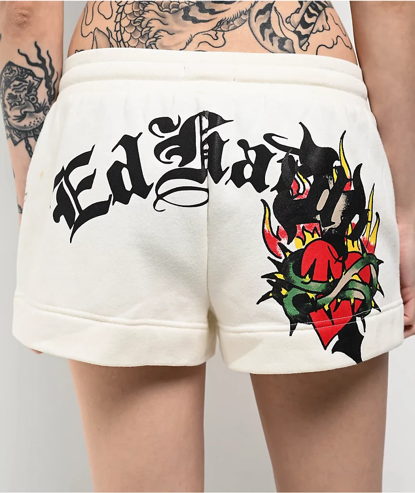 Ed Hardy Sacred Heart Ivory Sweat Shorts at Hamilton Place in