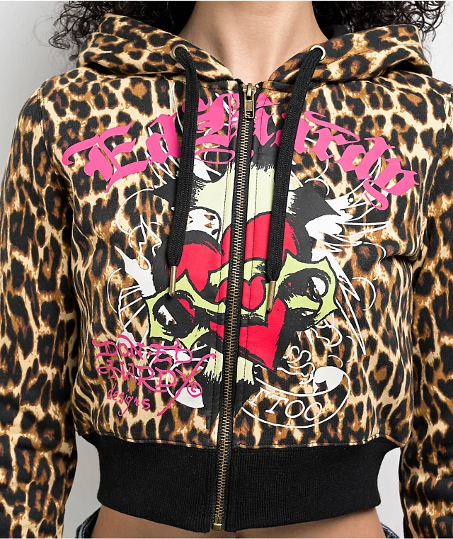 Ed Hardy Sacred Heart Leopard Crop Zip Hoodie | MainPlace Mall