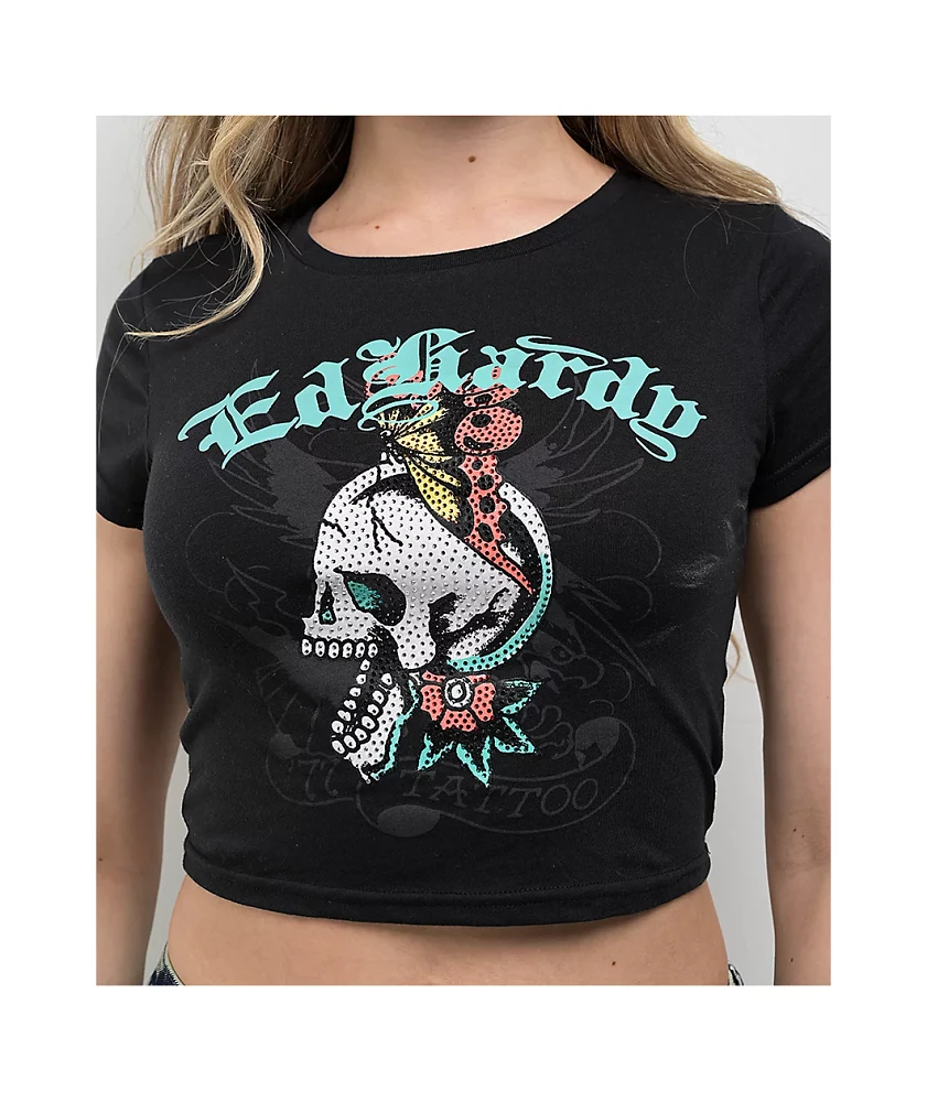 Ed Hardy Skull Butterfly Rhinestone Black Crop T-Shirt | MainPlace
