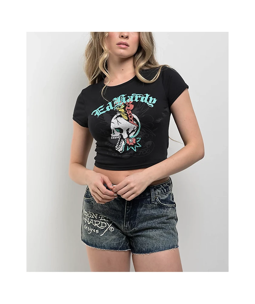 Ed Hardy Skull Butterfly Rhinestone Black Crop T-Shirt | MainPlace
