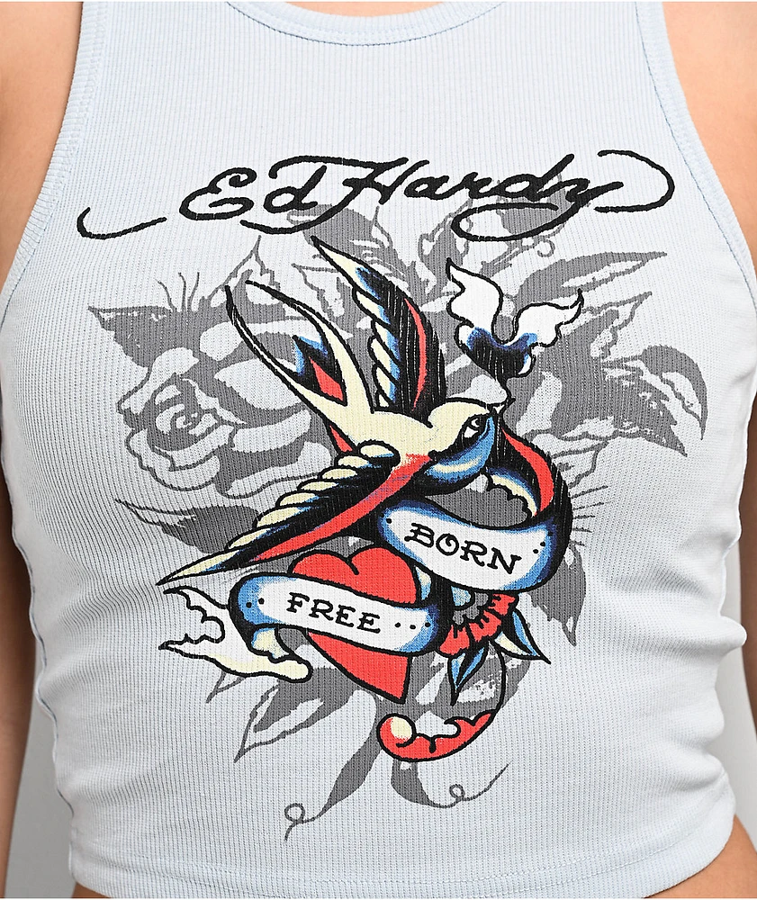Ed Hardy Swallow Arctic Blue Crop Tank Top | MainPlace Mall