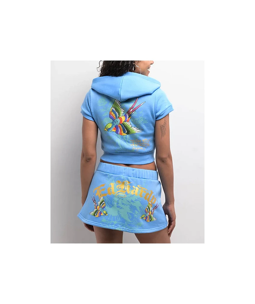Ed Hardy Swallows Sky Blue Short Sleeve Crop Zip Hoodie | Arden Fair