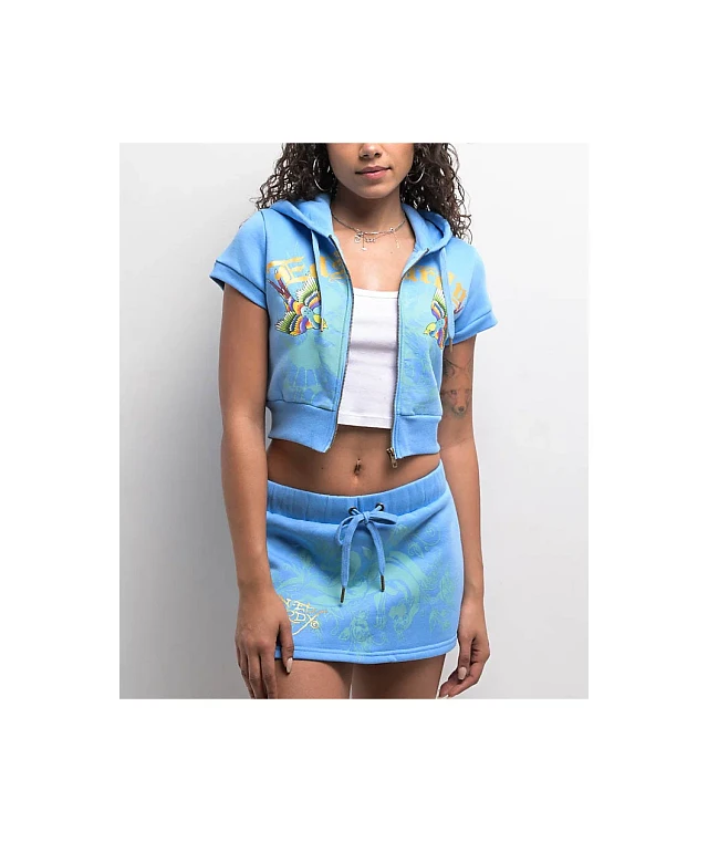 Ed Hardy Swallows Sky Blue Short Sleeve Crop Zip Hoodie | Arden Fair