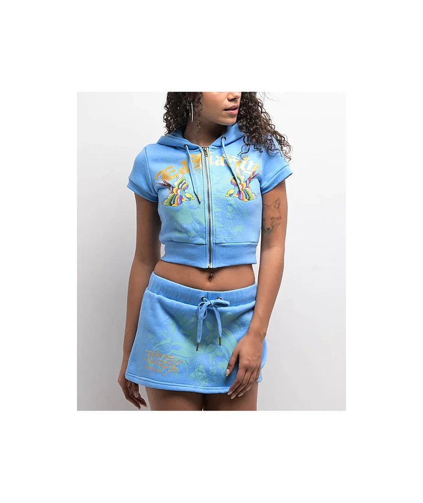 Ed Hardy Swallows Sky Blue Short Sleeve Crop Zip Hoodie | Arden Fair