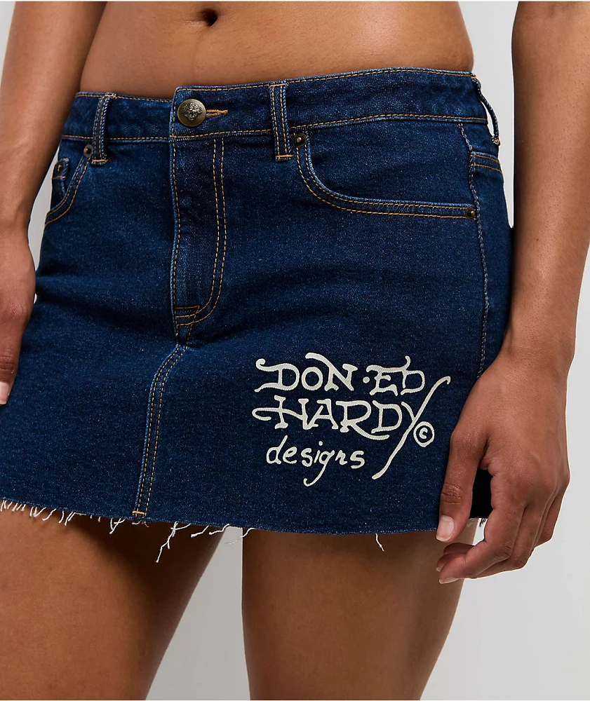 Ed Hardy Tattoo Collage Dark Denim Cutoff Mini Skirt | Arden Fair