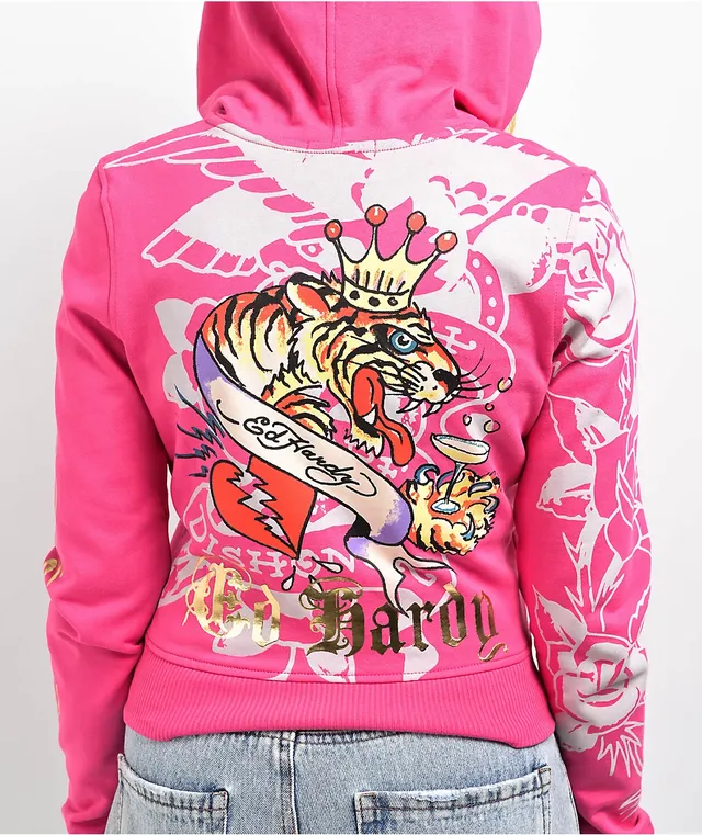 Ed Hardy Tiger Crown Pink Crop Zip Hoodie | CoolSprings Galleria