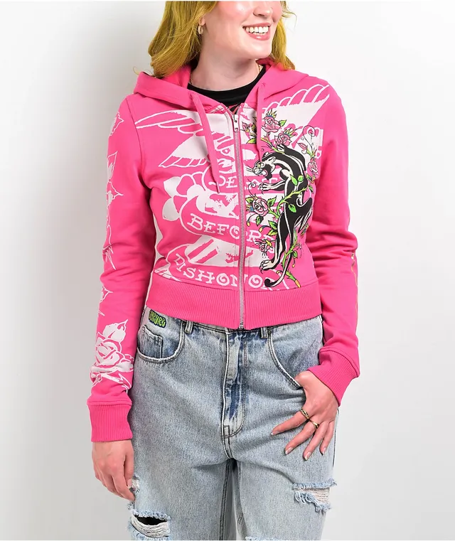 Ed Hardy Tiger Crown Pink Crop Zip Hoodie | MainPlace Mall