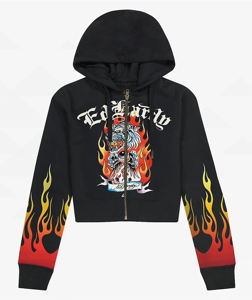 Ed Hardy Tiger Flame Black Crop Zip Hoodie | Liberty Center