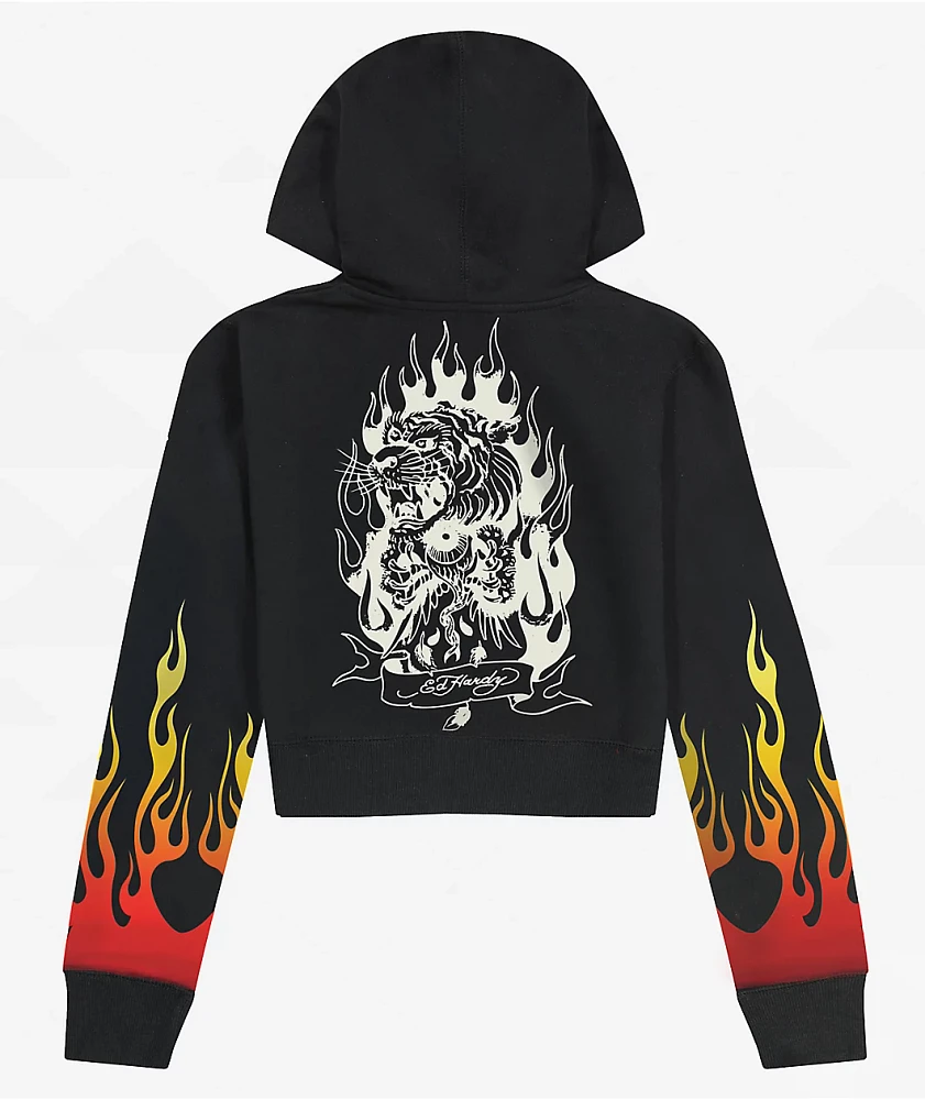 Ed Hardy Tiger Flame Black Crop Zip Hoodie | Arden Fair