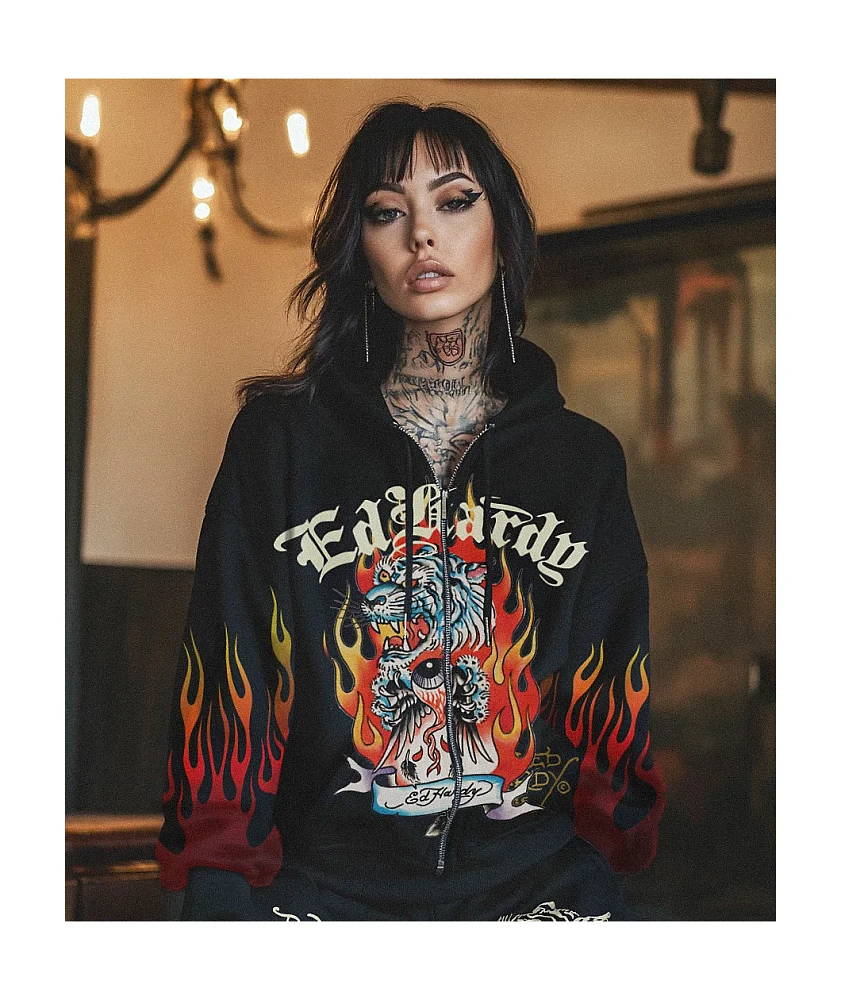 Ed Hardy Tiger Flame Black Crop Zip Hoodie | Liberty Center