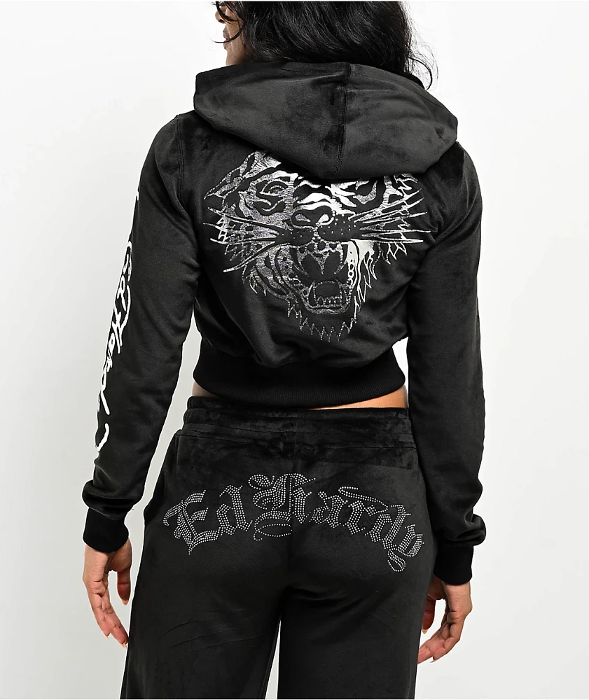 Ed Hardy Tiger Head Black Velour Crop Zip Hoodie | Arden Fair