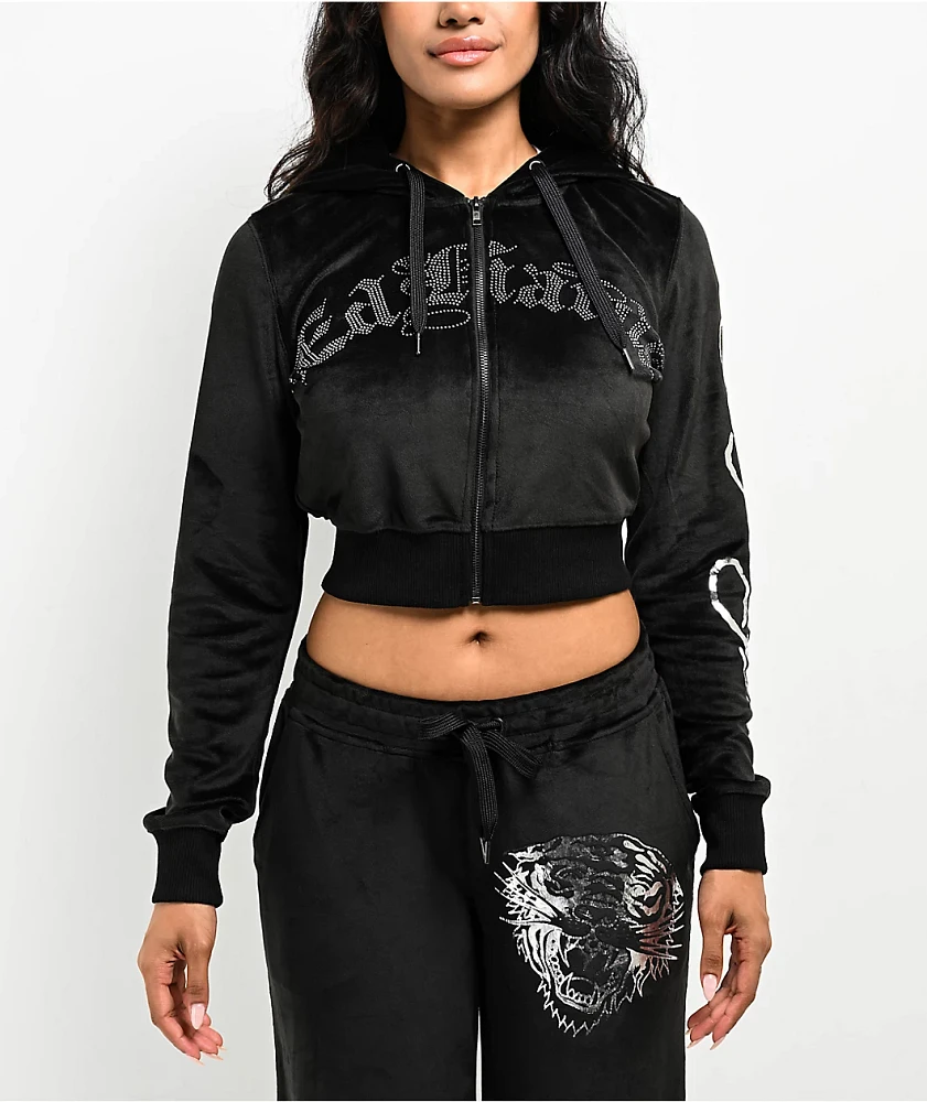 Ed Hardy Tiger Head Black Velour Crop Zip Hoodie | Arden Fair