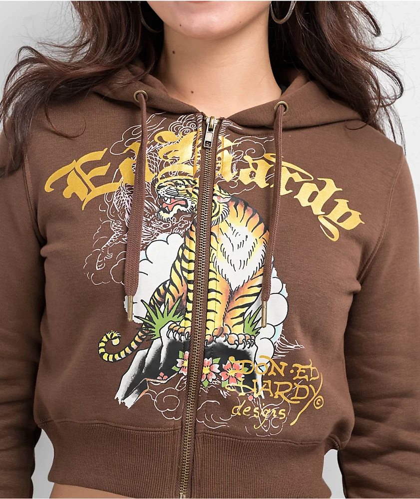 Ed Hardy Tiger Mountain Cocoa Crop Zip Hoodie | MainPlace Mall
