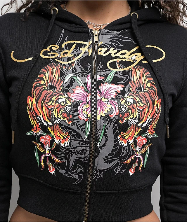 Ed Hardy Tigers Orchid Black Crop Zip Hoodie at Hamilton
