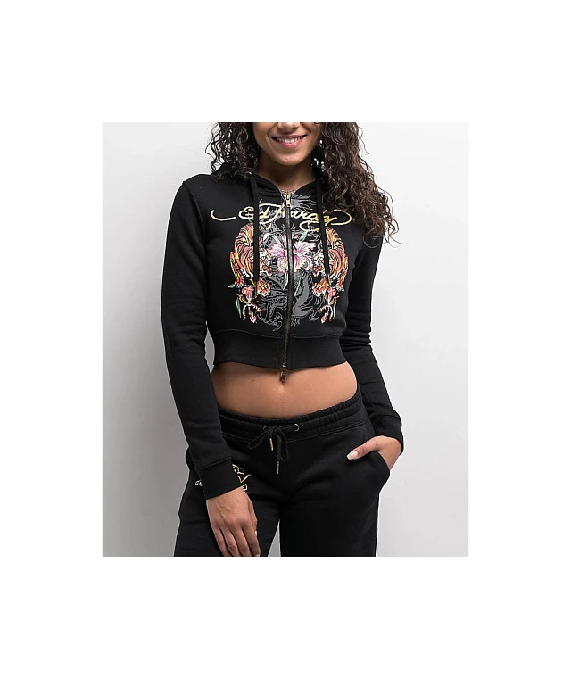Ed Hardy Tigers Orchid Black Crop Zip Hoodie | MainPlace Mall