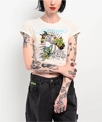 Ed Hardy Rhinestone Hearts Natural Long Sleeve Crop T-Shirt