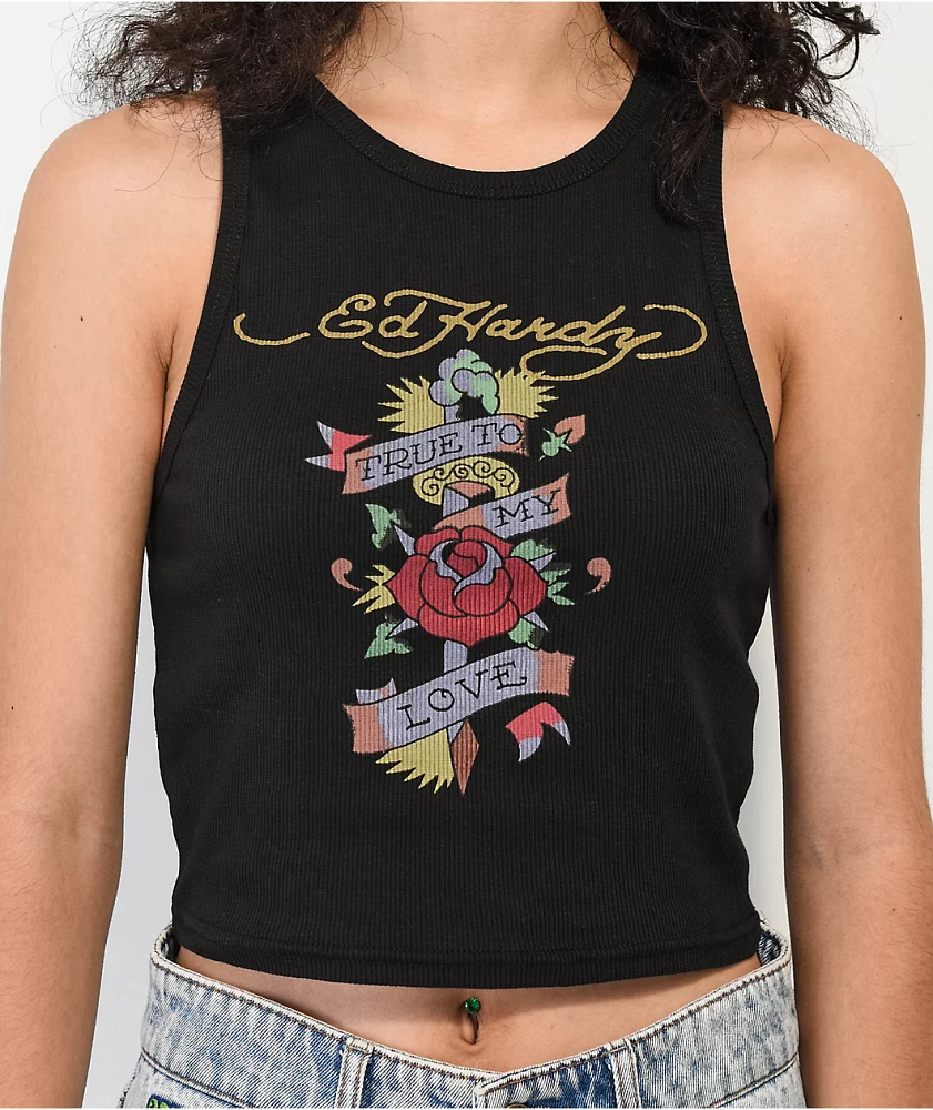 Ed Hardy True Love Black Ribbed Crop Tank Top at Hamilton Place in
