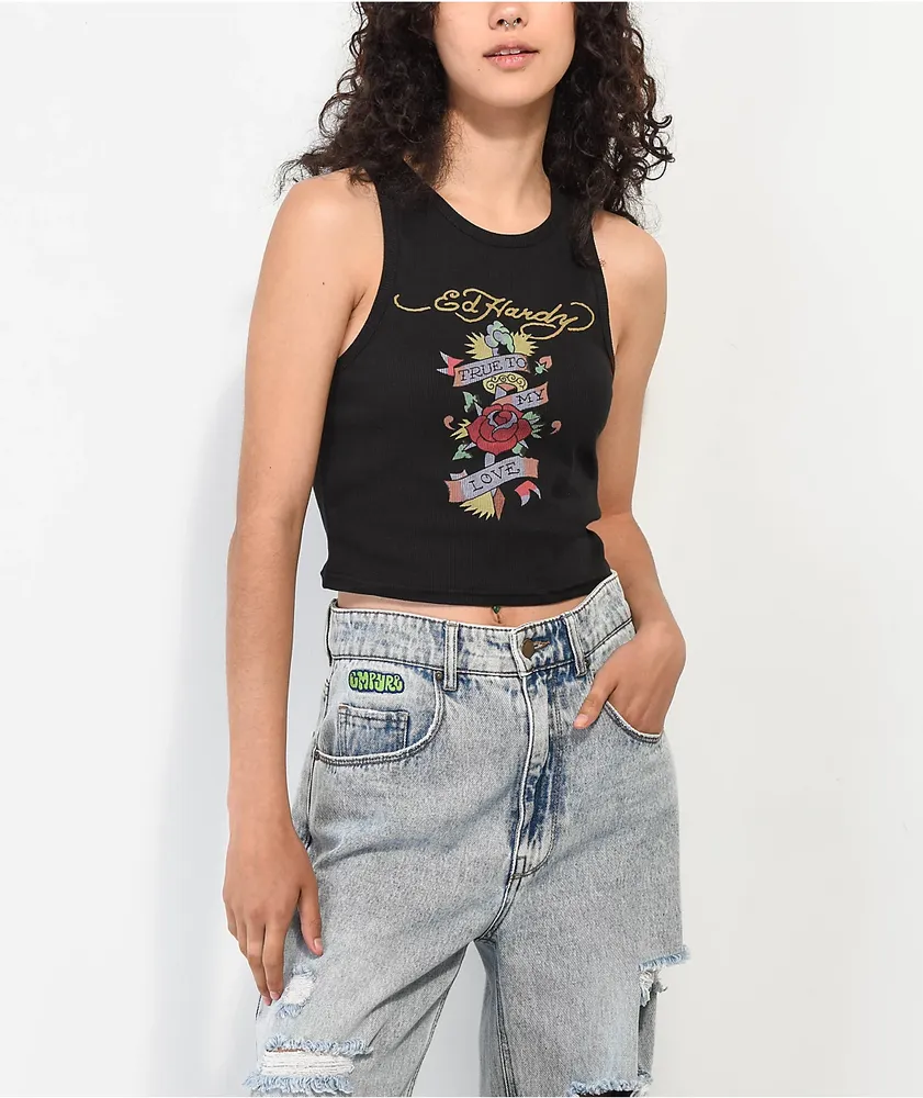 Ed Hardy True Love Black Ribbed Crop Tank Top at Hamilton Place in