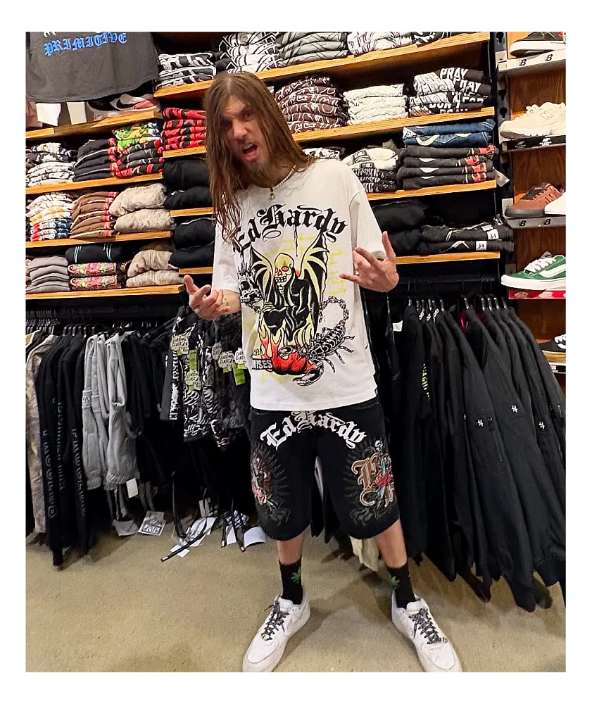 Ed Hardy x Broken Promises Love Scars Black Denim Shorts | Arden Fair