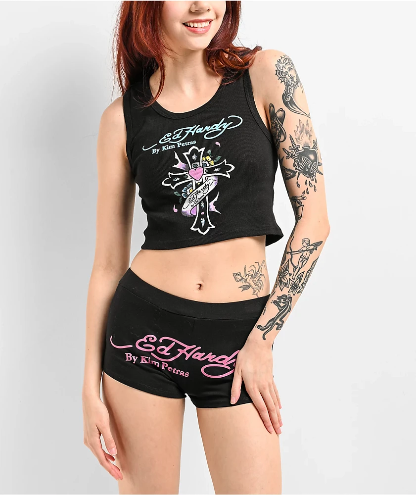 【Ed Hardy】x Kim Petras 黒 スウェット ショートパンツ Ed Hardy x Kim Petras Dagger Girl Black Sweat Shorts | Zumiez