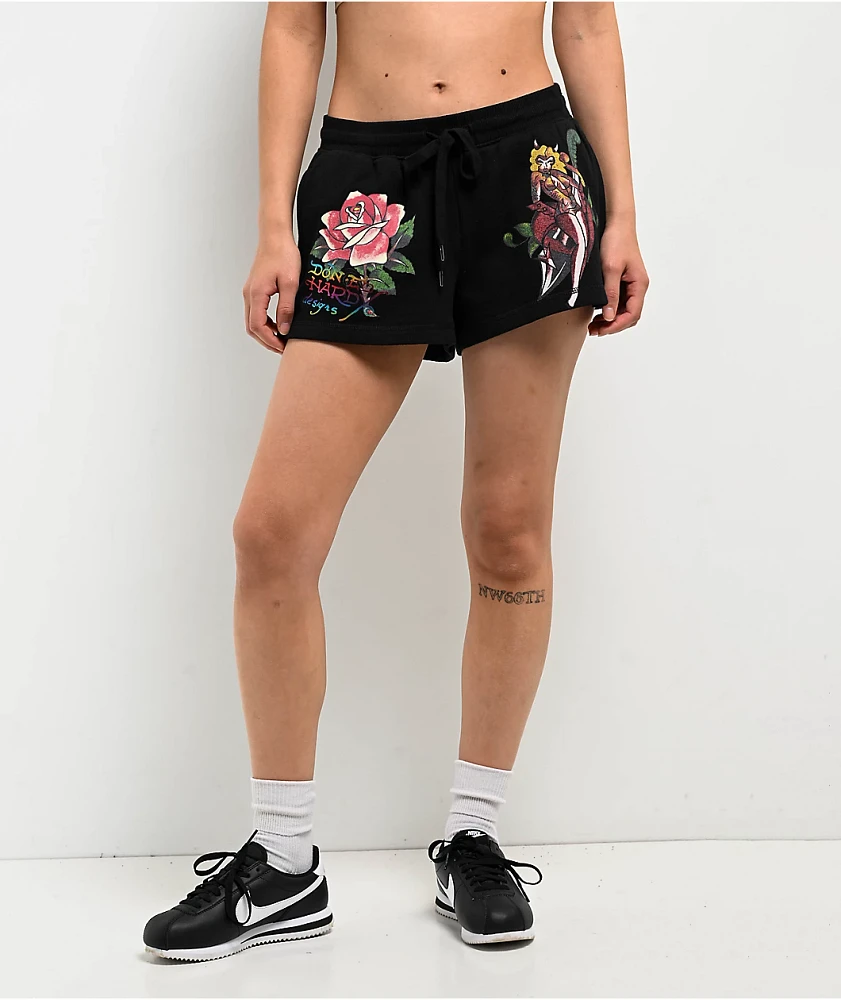 Ed Hardy x Kim Petras Dagger Girl Black Sweat Shorts | MainPlace Mall