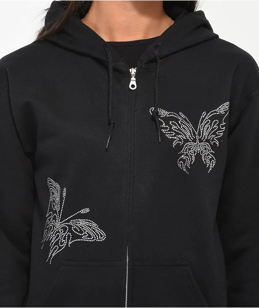 8egreedy butterfly zip parker black×gray Empyre Butterfly Rhinestone Black Zip Hoodie | Liberty Center