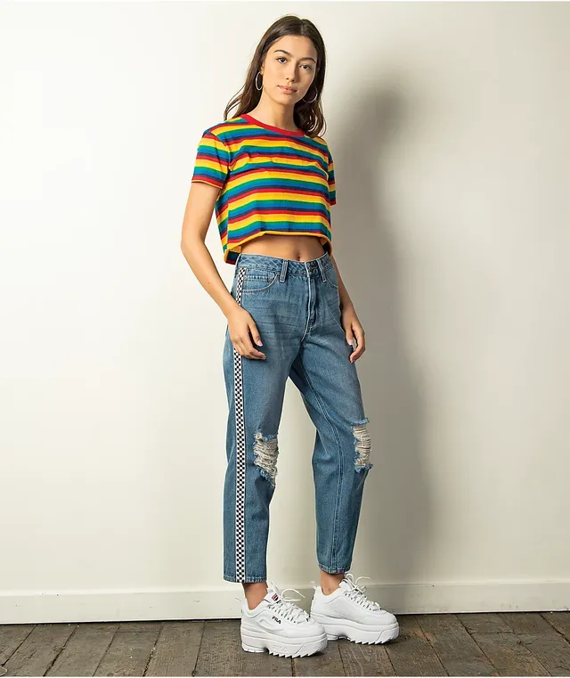 Checkered stripe jeans sales