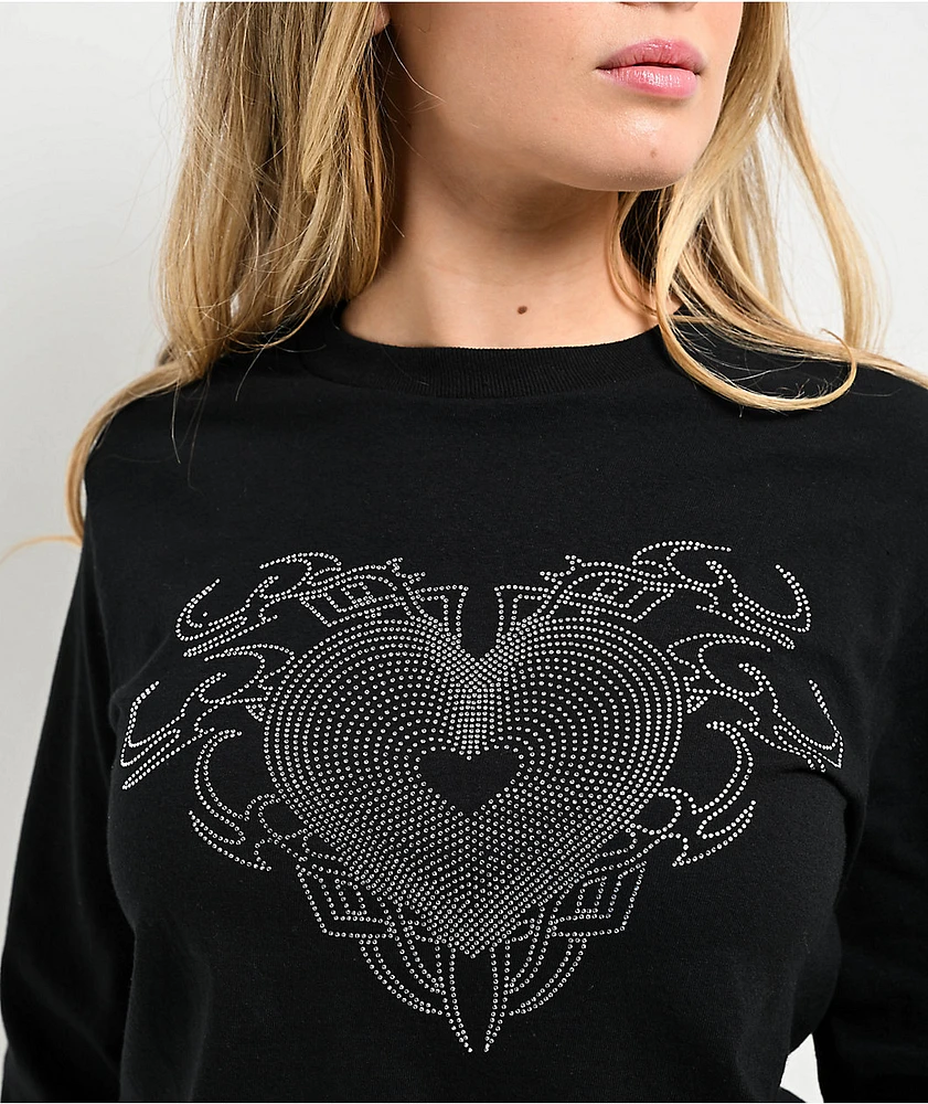 Empyre Rhinestone Heart Black Long Sleeve T-Shirt | Connecticut
