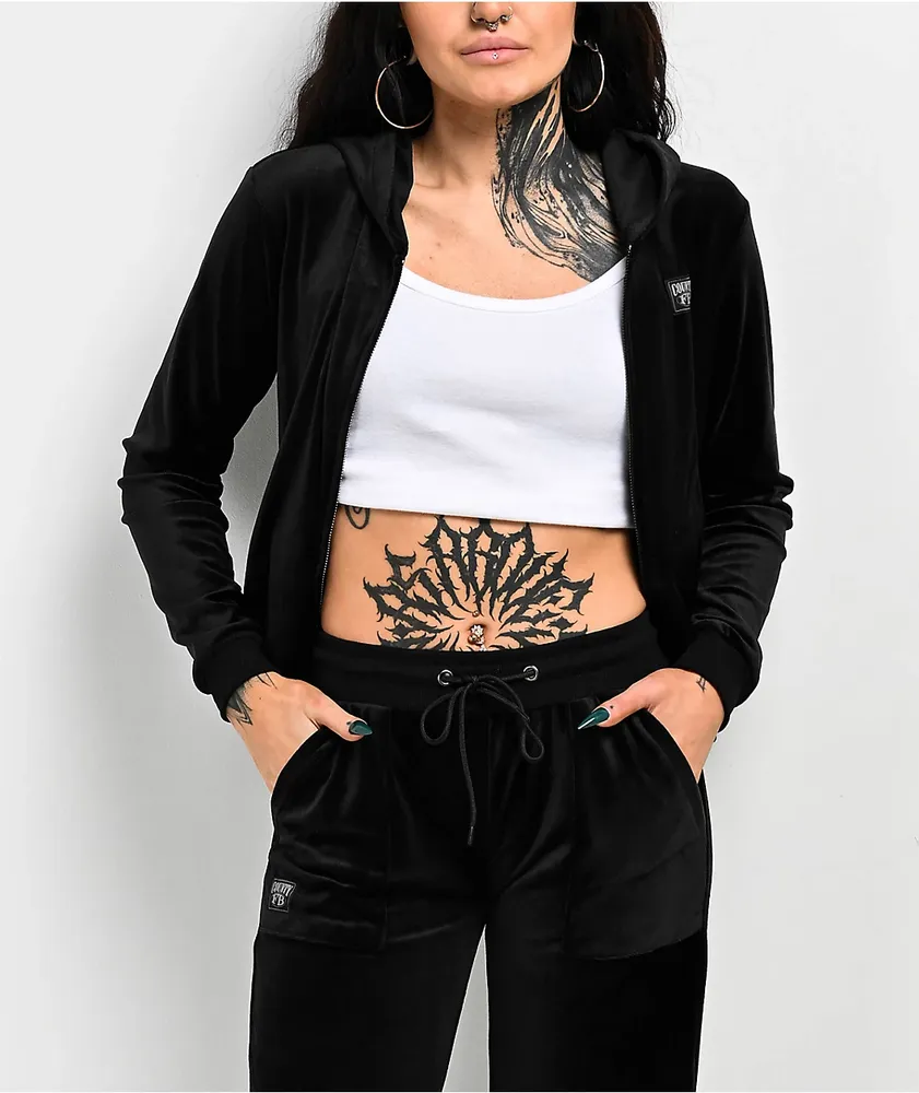 Black velour zip sale hoodie