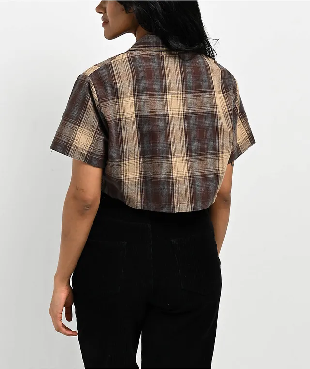 FB County Checker Brown Zip Crop Short Sleeve Shirt at