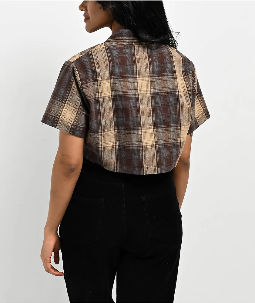 FB County Checker Brown Zip Crop Short Sleeve Shirt at Hamilton