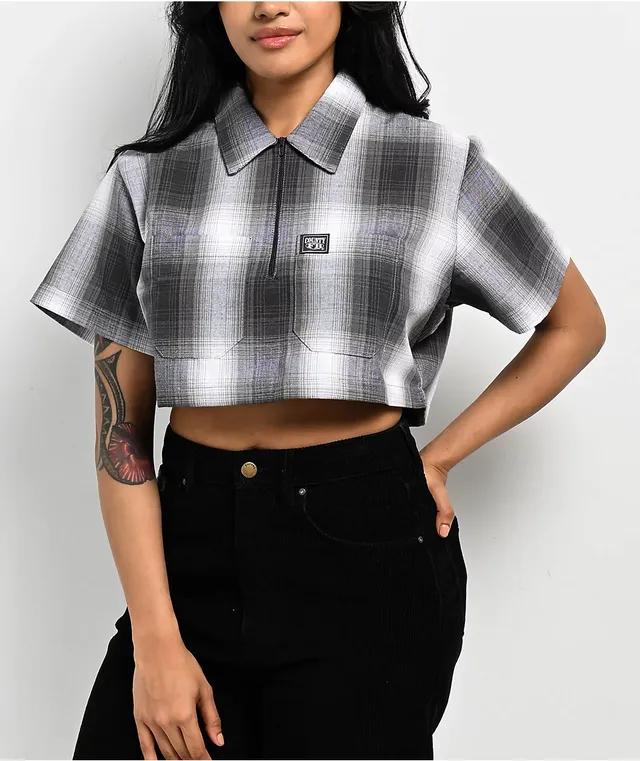 FB County Checker Brown Zip Crop Short Sleeve Shirt at