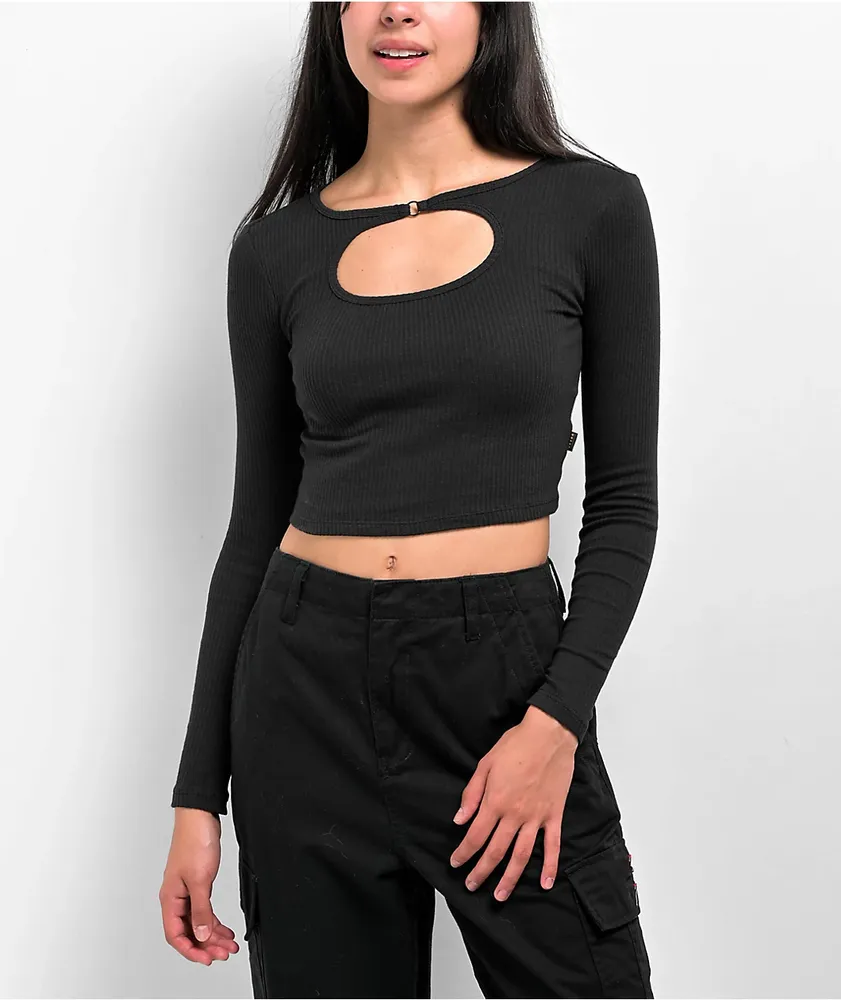 Black long sleeve cut out crop top shop