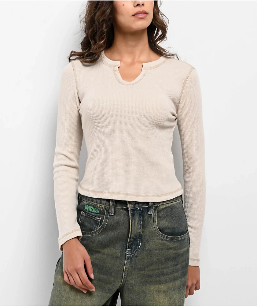 Freeworld Thora Silver Birch Notch Thermal Long Sleeve Crop T