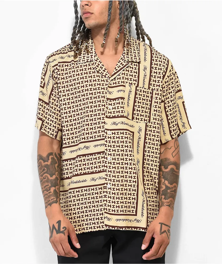 Tan short sleeve new arrivals button up shirt