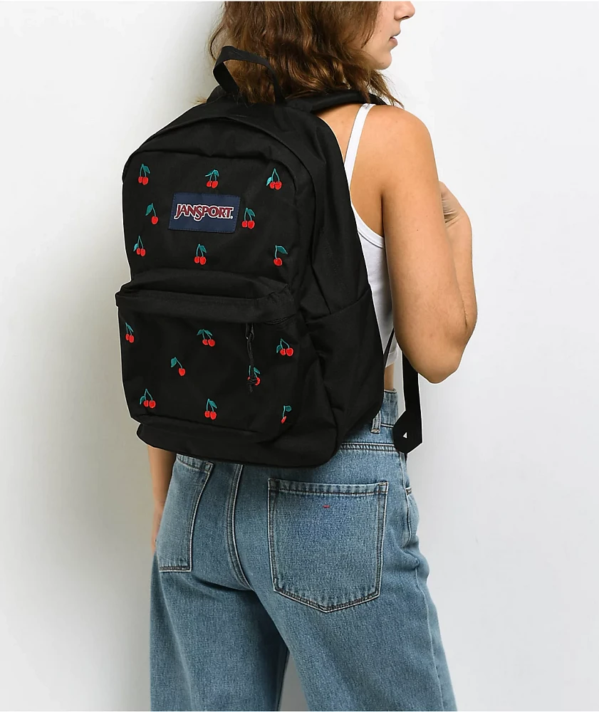 Jansport Superbreak Plus Embroidered Cherry Black Backpack | Arden