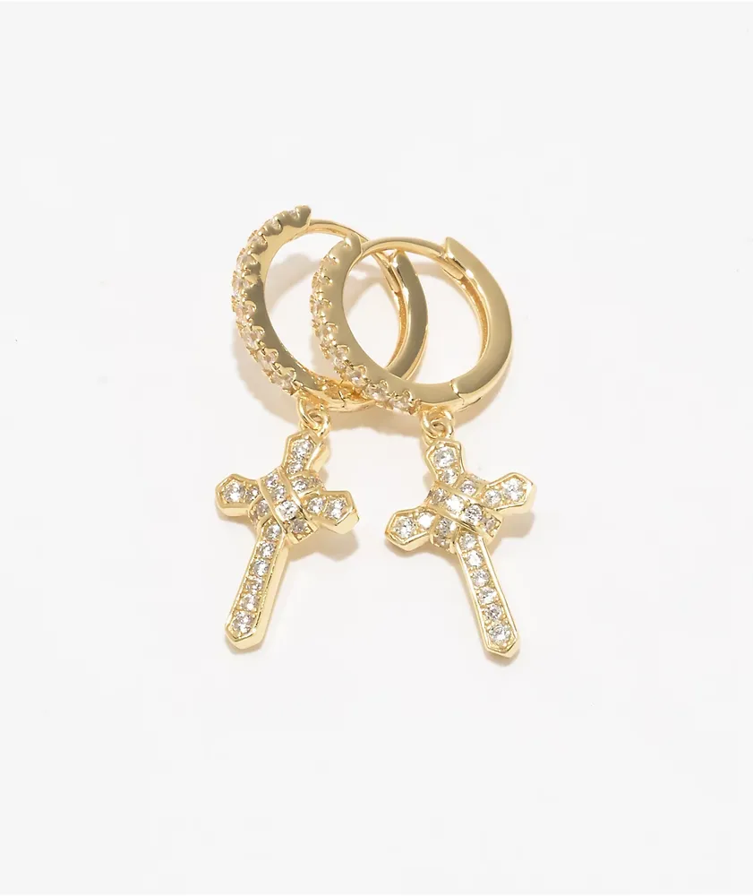 Gold earrings shop hoops with cross
