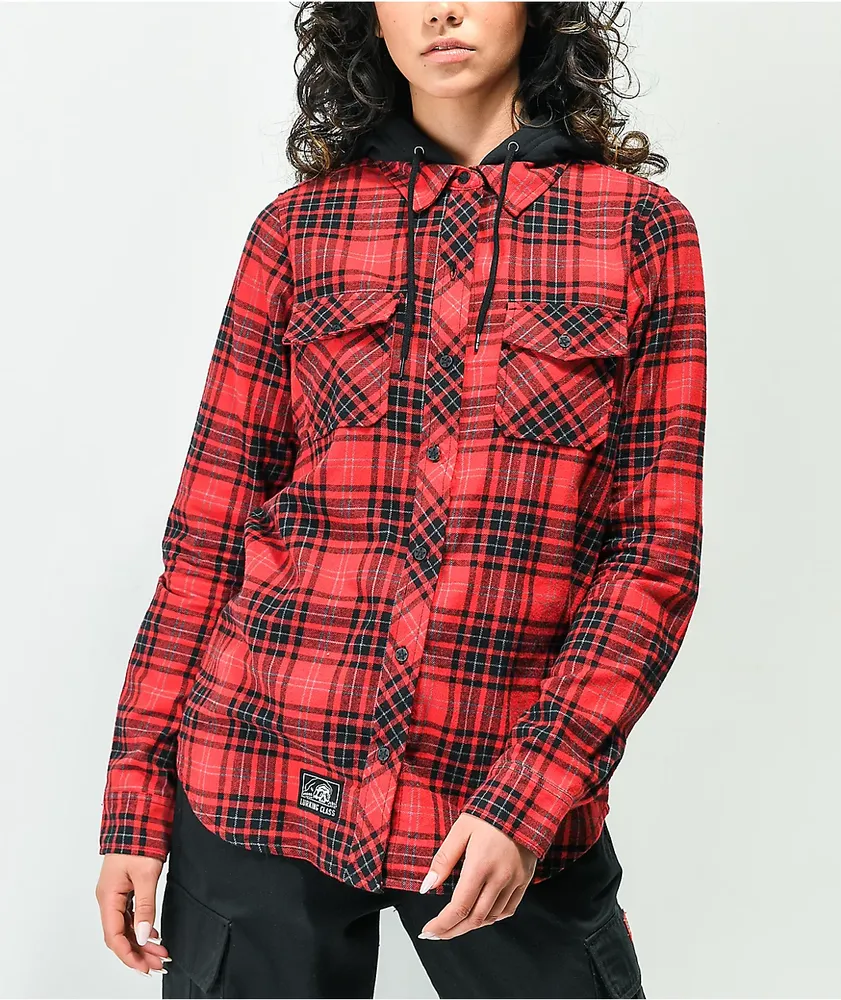 Red hooded flannel shirt discount