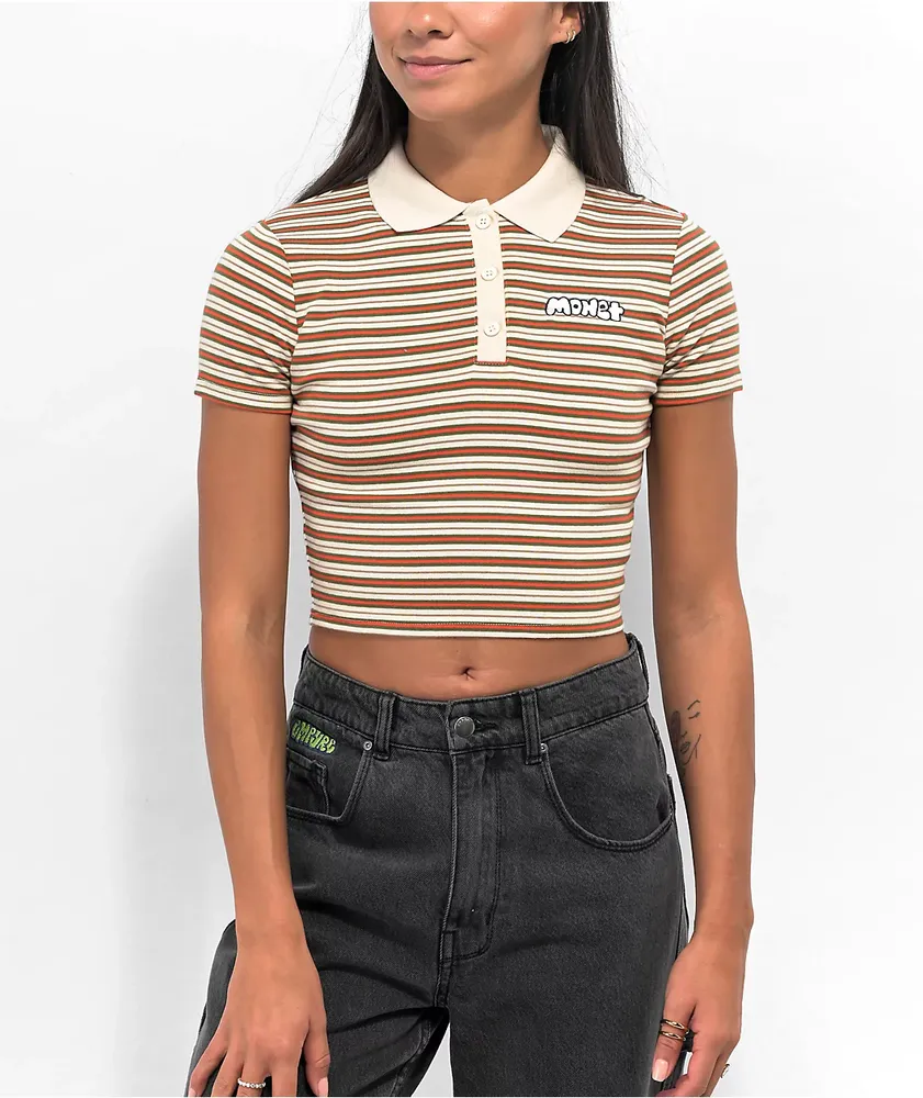 Monet Madina Brown Striped Crop Polo Shirt CoolSprings Galleria