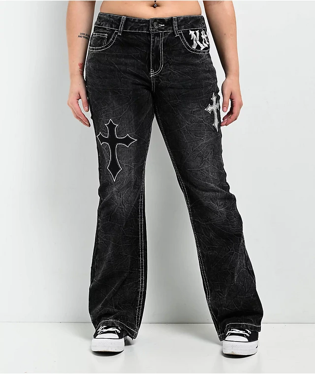 Ninth Hall Alyssia Cross Black Wash Mid Rise Bootcut Jeans