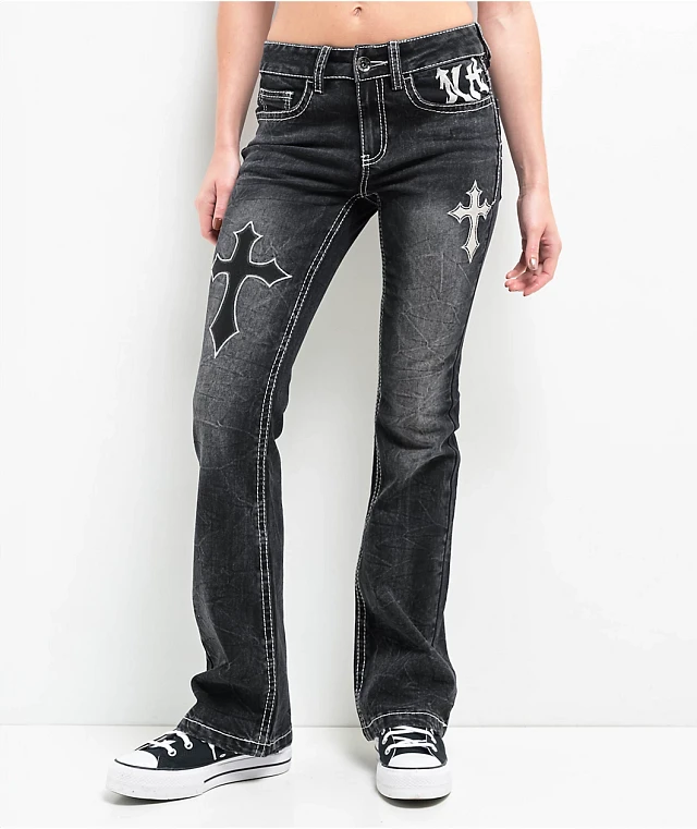Ninth Hall Alyssia Cross Black Wash Mid Rise Bootcut Jeans | Arden