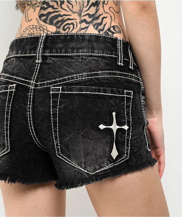 Ninth Hall Alyssia Crosses Black Wash Denim Shorts | Arden Fair