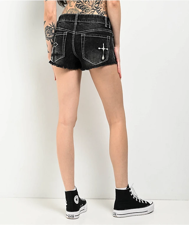 Ninth Hall Alyssia Crosses Black Wash Denim Shorts | Arden Fair