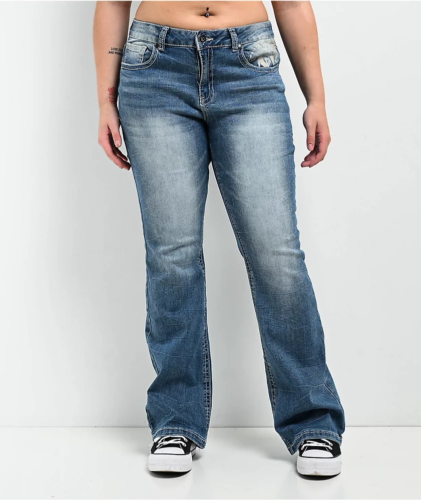 Ninth Hall Alyssia Rose Rhinestone Blue Wash Bootcut Jeans at